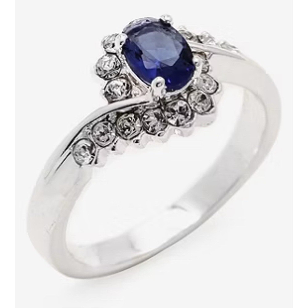 Sparkle Allure Pure Silver Over Brass Sapphire & Crystal Oval Blue Ring Size 7
